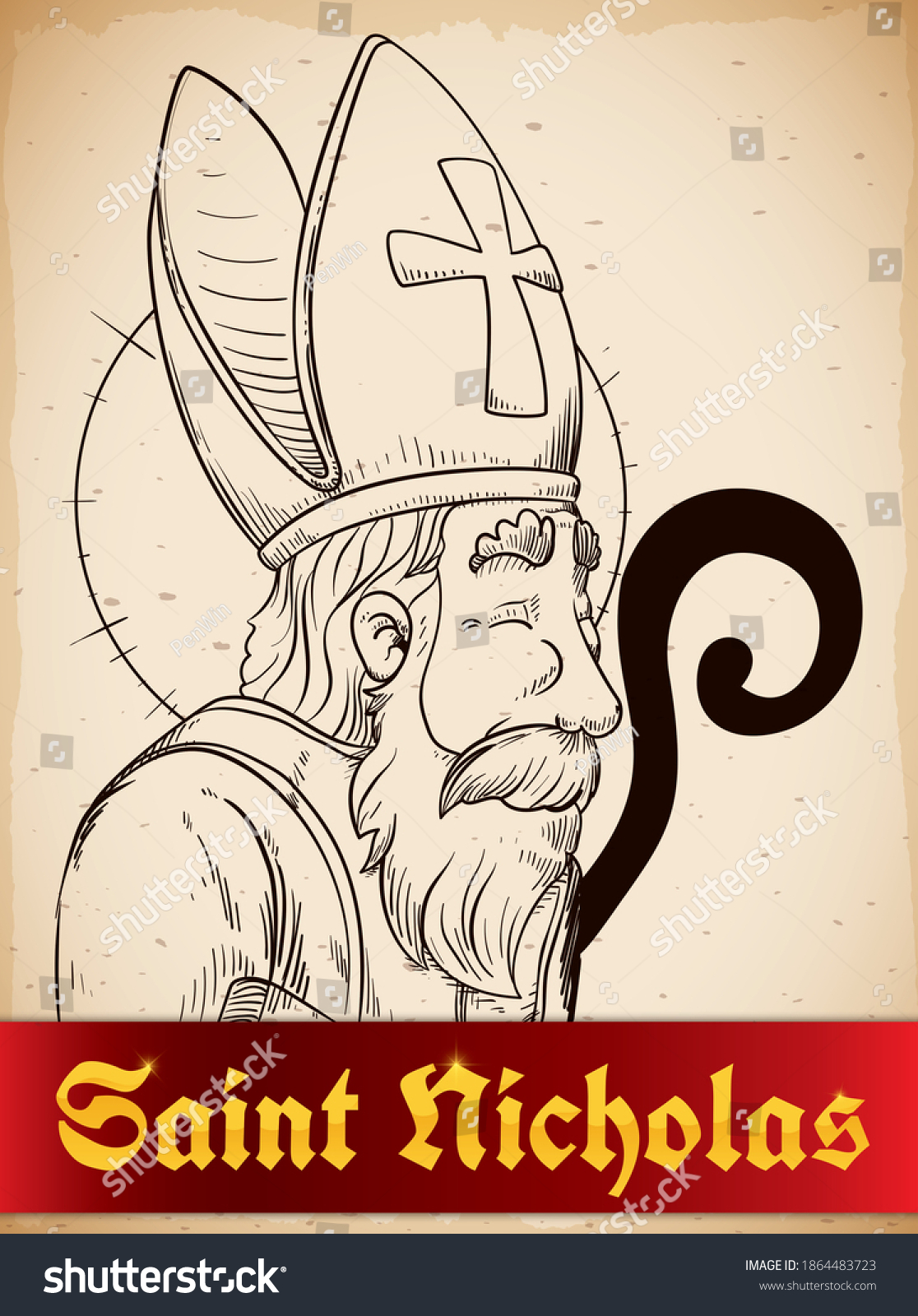 Ribbon And Scroll With Aged Saint Nicholas - Royalty Free Stock Vector 