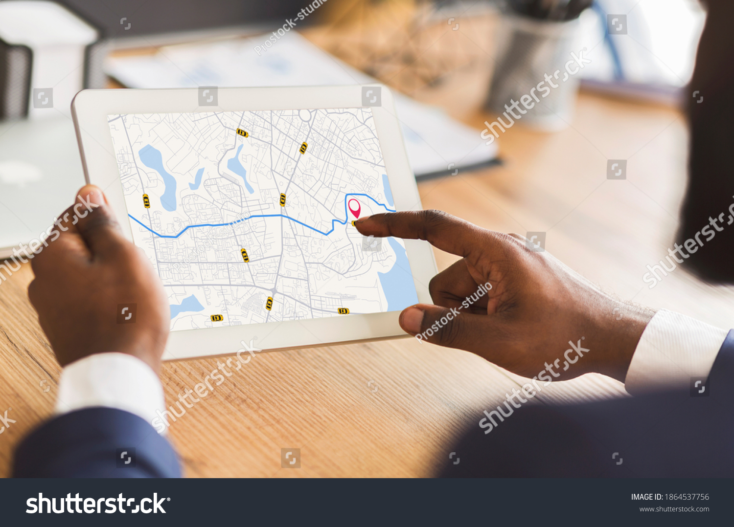 Unrecognizable Black Businessman Using Taxi Services App On Digital Tablet In Office, Looking At Virtual Map With GPS Trackers, Checking Nearest Cab, Creative Collage For Transportration Concept #1864537756