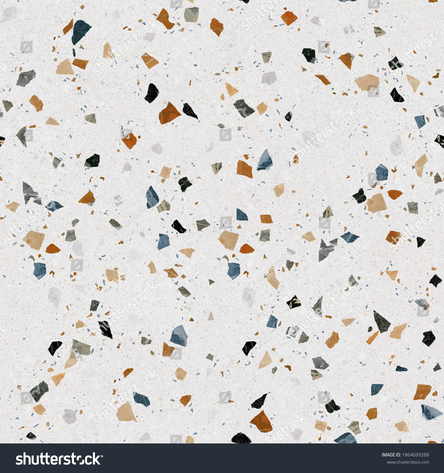 Terrazzo marble flooring seamless texture. Natural stones, granite, marble, quartz, limestone, concrete. Beige background with colored chips. #1864699288