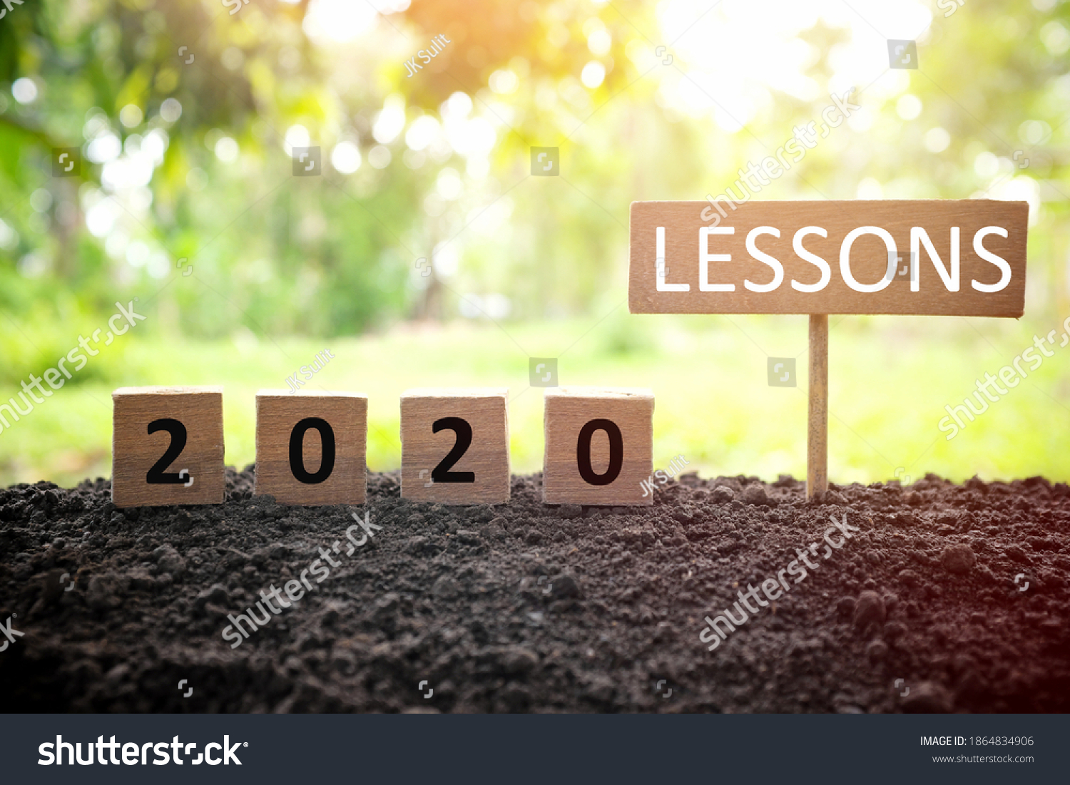 Life lessons and learnings from the year 2020 concept. A tree branch with a single remaining last leaf hanging beside a 2020 learning in wooden blocks at sunset.  #1864834906