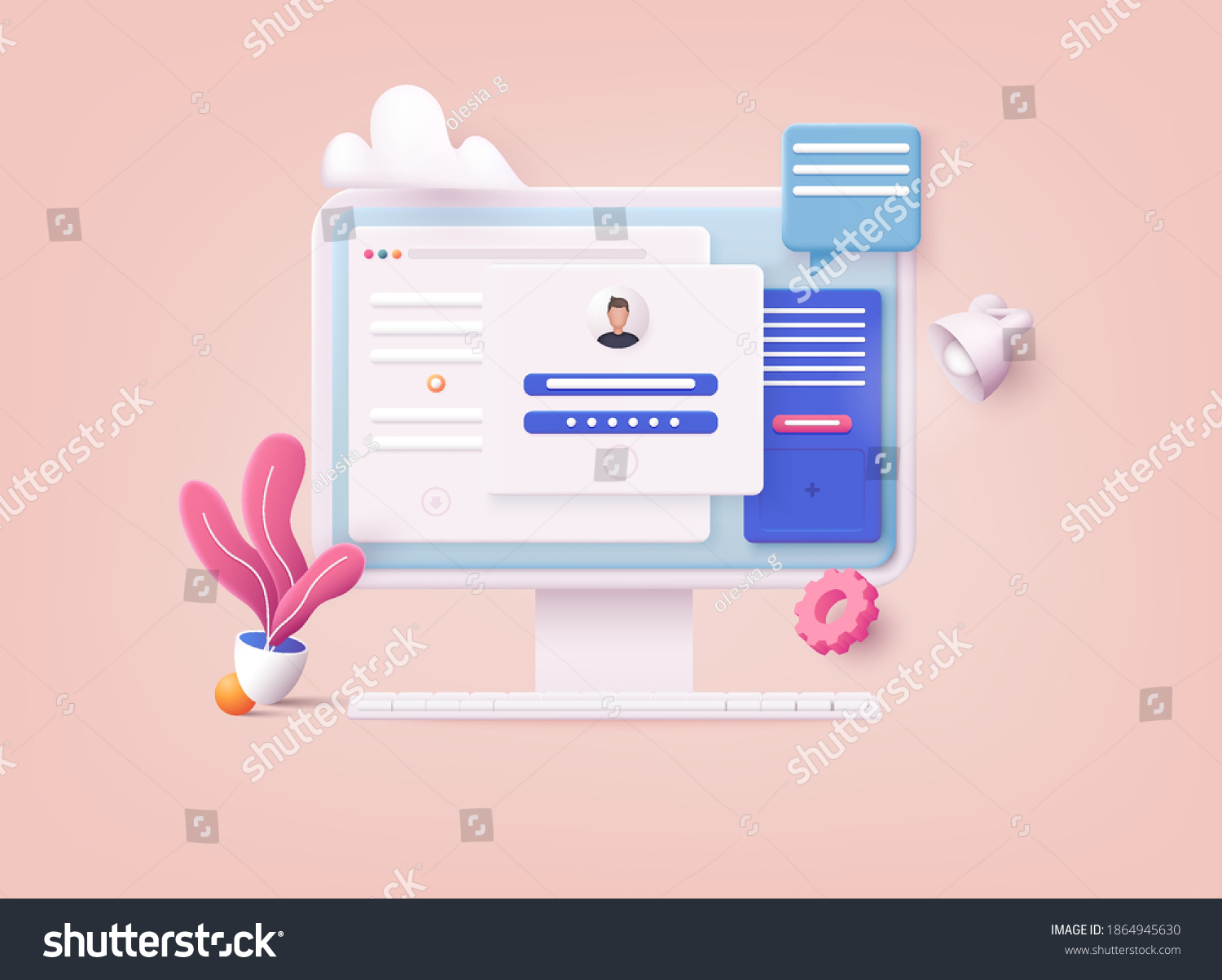 3D Web Vector Illustrations. Computer and account login and password form page on screen. Sign in to account, user authorization, login authentication page concept. Username, password fields. #1864945630