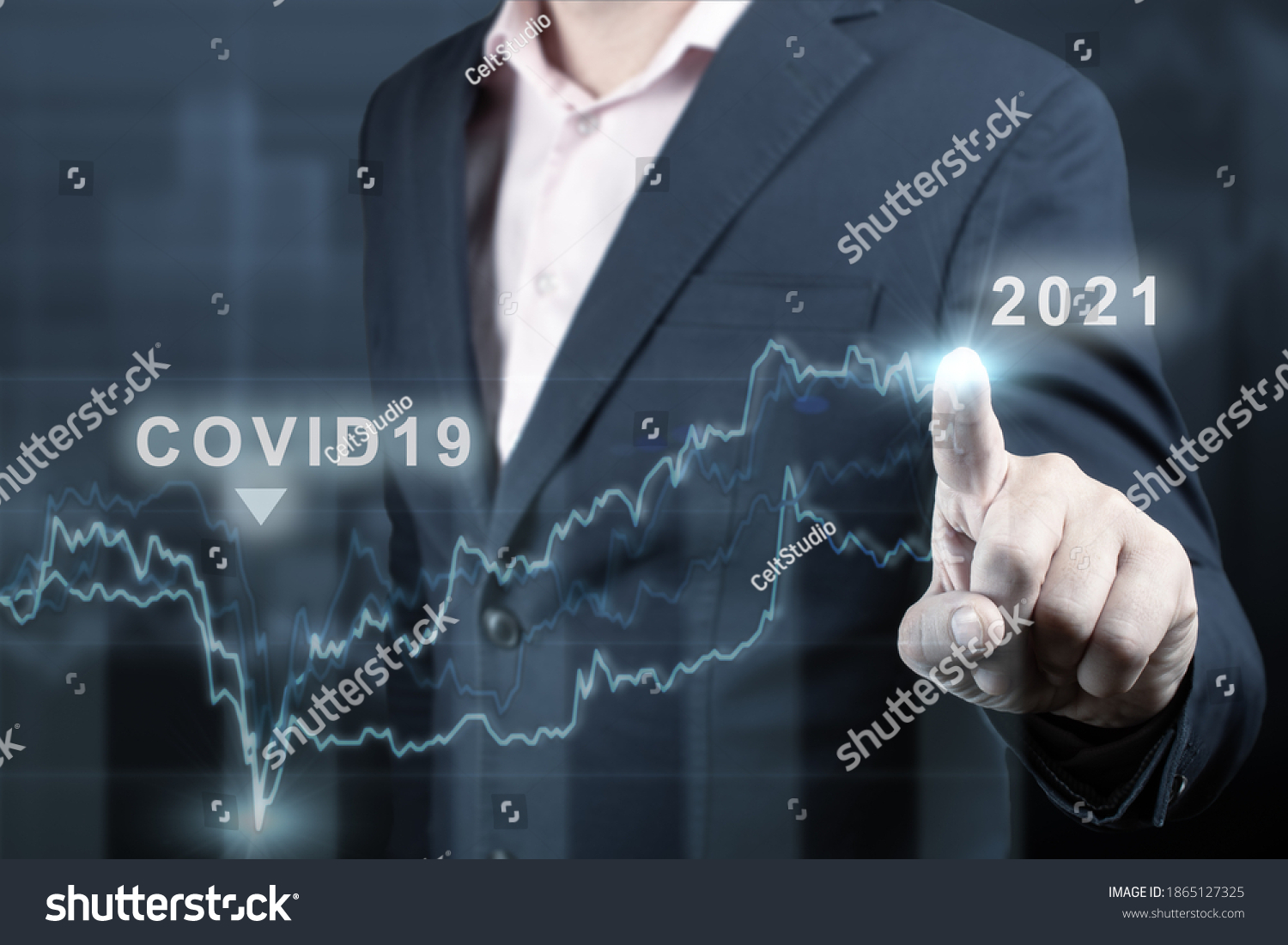 concept of economic recovery after the fall due to the covid 19 coronavirus pandemic. Double exposure of financial graph. Businessman pointing graph corporate future growth plan on dark blue #1865127325