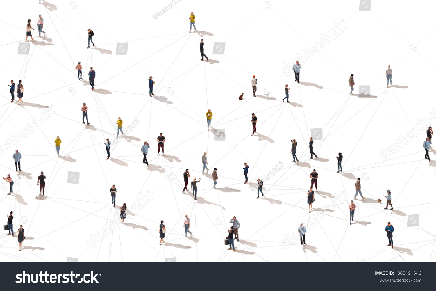 Aerial view of crowd people connected by lines, social media and communication concept. Top view of men and women isolated on white background with shadows. Staying online, internet, technologies. #1865191546
