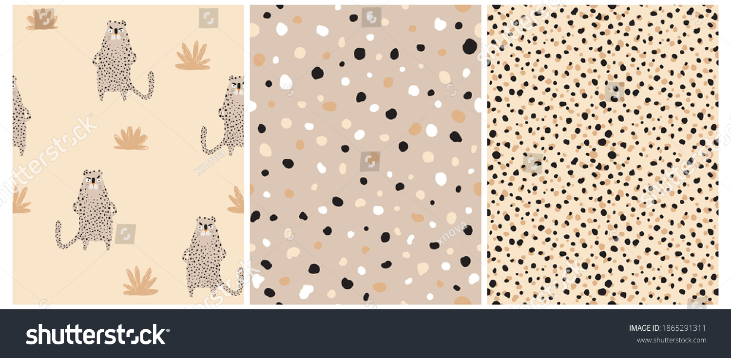 Funny Safari Party Seamless Vector Patterns Set. Wild Cat. Cute Infantile Style Nursery Art with Brown Leopard ideal for Fabric, Textile. Abstract Leopard Skin Repeatable Print. Irregular Spots. #1865291311
