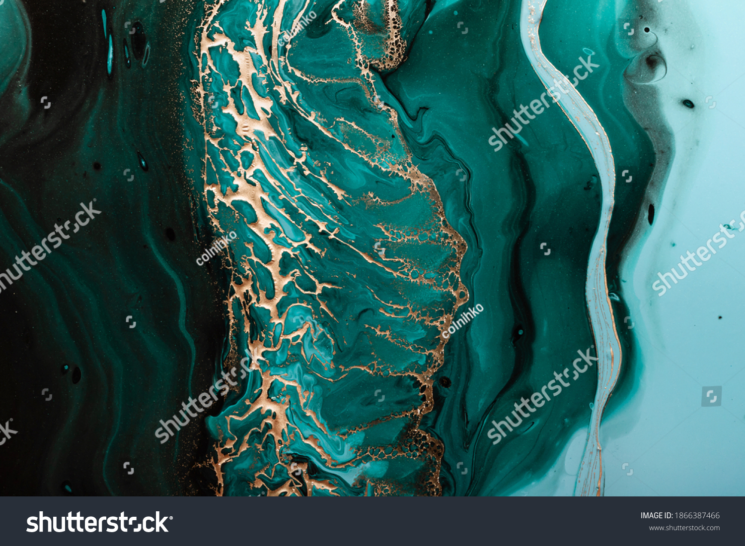 Acrylic Fluid Art. Dark green waves in abstract ocean and golden foamy waves. Marble effect background or texture. #1866387466
