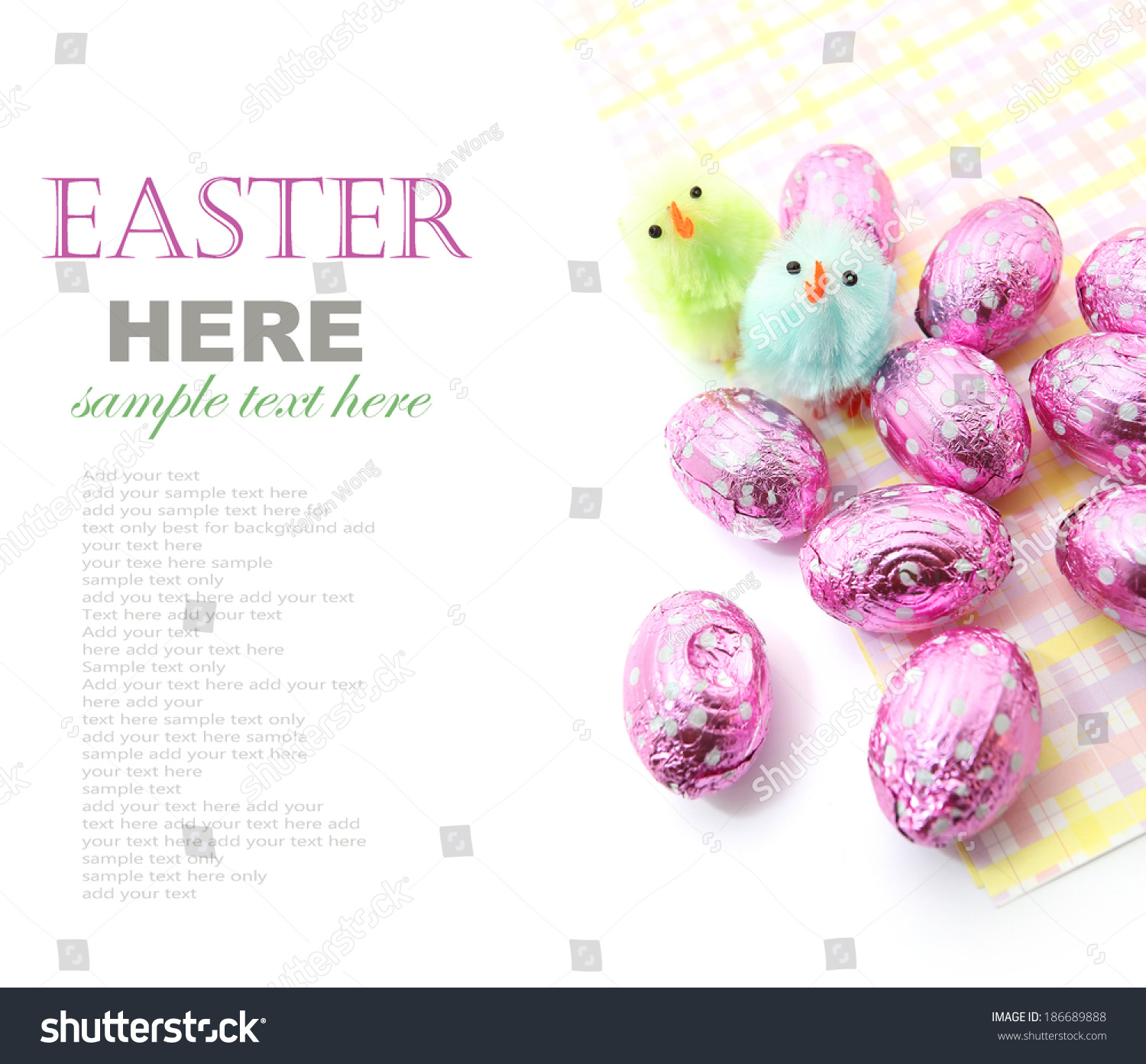 Colorful Easter chocolate eggs with little Easter chicken isolated on white  #186689888