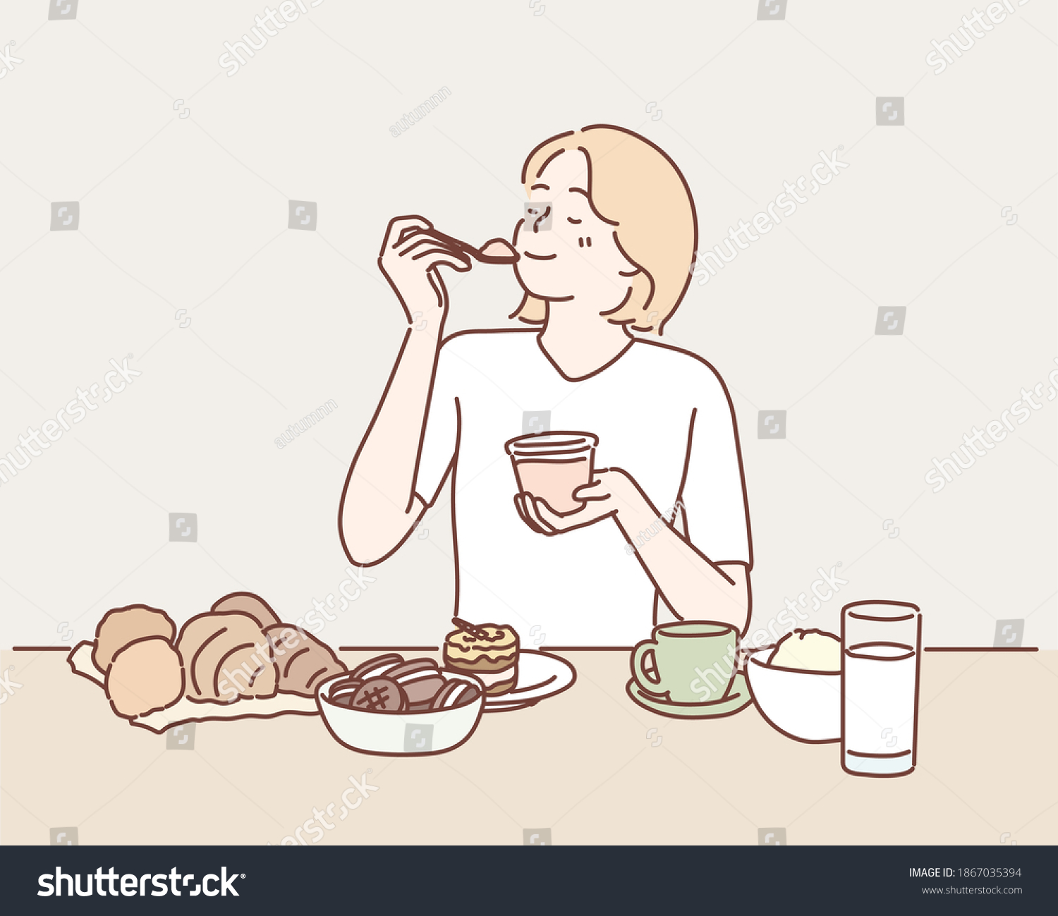 Woman sits at table overloaded with many desserts. Hand drawn style vector design illustrations. #1867035394