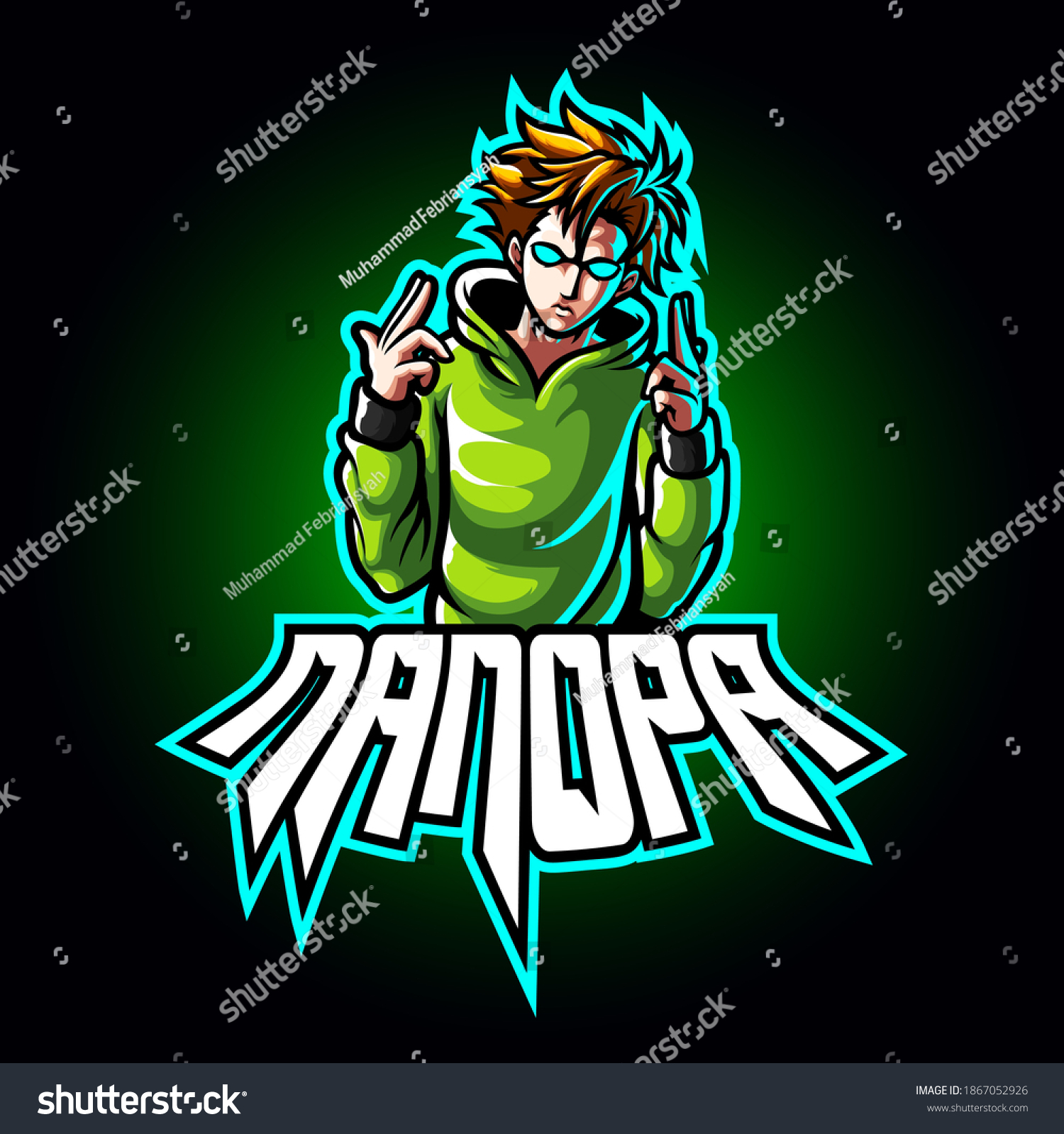 Mascot esport character logo gaming green jacket costume ninja modern with finger shoot. Logo gaming for team squad. #1867052926