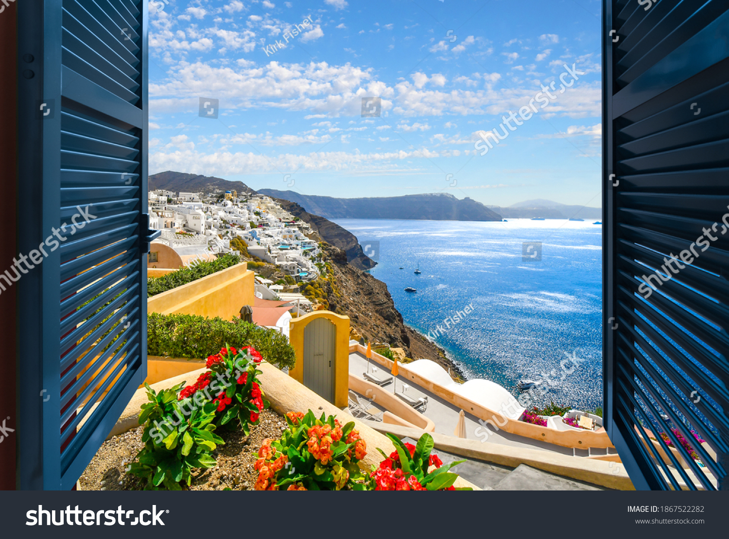 View through an open window of the Aegean Sea, caldera and town of Oia and Thira on the island of Santorini Greece. #1867522282