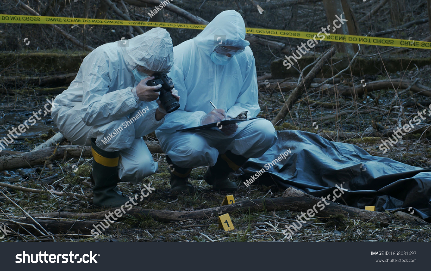 Detectives are collecting evidence in a crime scene. Forensic specialists are making expertise. Police investigation in a forest. #1868031697
