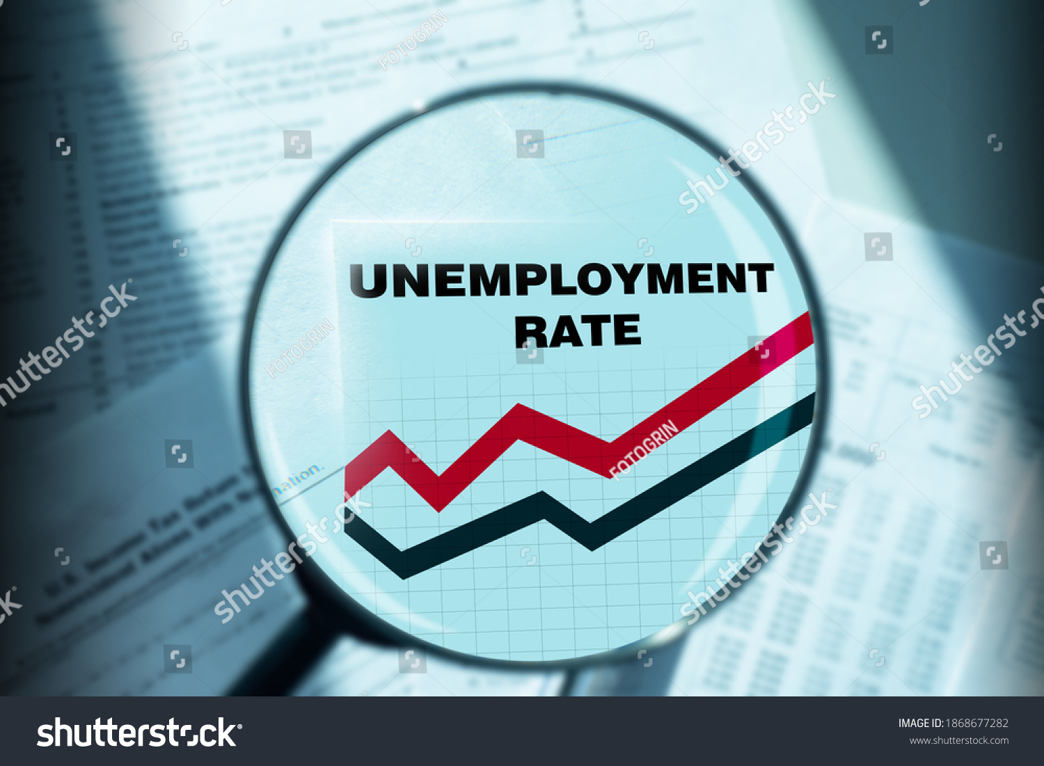 Unemployment rate graph is increasing. Inscription unemployment rate under a magnifying glass. Growth in unemployment. Crisis in the labor market. Graph shows an increase in layoffs. Statistics #1868677282