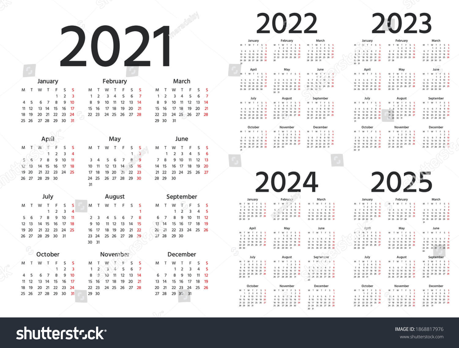 Calendar 2021, 2022, 2023, 2024, 2025 Years. - Royalty Free Stock 