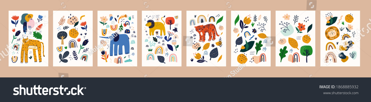 Spring floral posters with abstract shapes, flowers and animals. Baby animals posters. Fabric pattern. Vector illustration with cute animals. Nursery baby prints illustration #1868885932