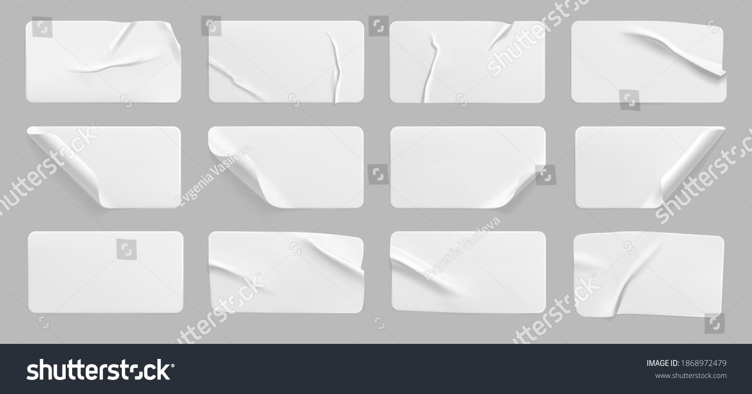 Crumpled white rectangle sticker label set isolated. Blank glued adhesive paper or plastic sticker with wrinkled effect and curled corners. Label tags template for door or wall. 3d realistic vector #1868972479