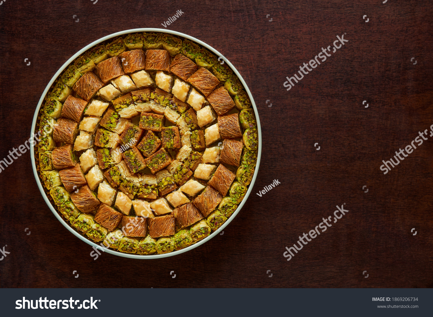 Traditional turkish, arabic sweets baklava assortment with pistachio. Top view, copy space                                    #1869206734