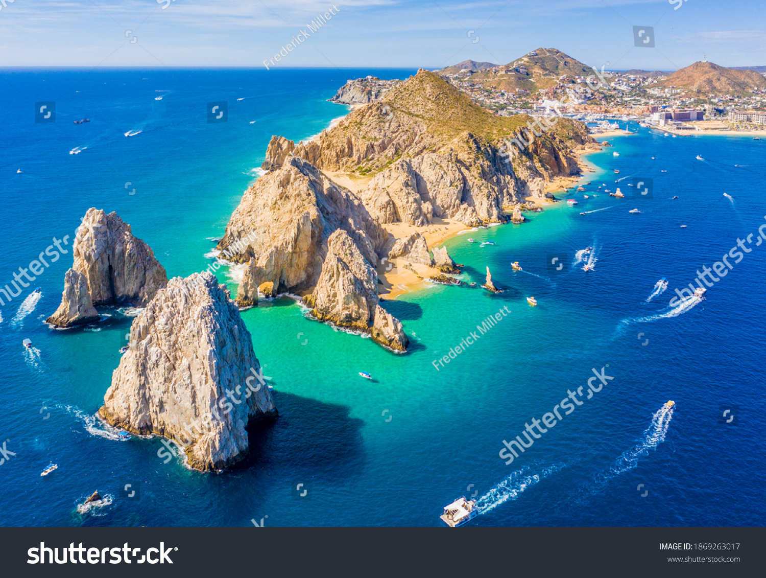 Aerial view of Lands End and the Arch of Cabo San Lucas, Baja California Sur, Mexico, where the Gulf of California meets the Pacific Ocean #1869263017