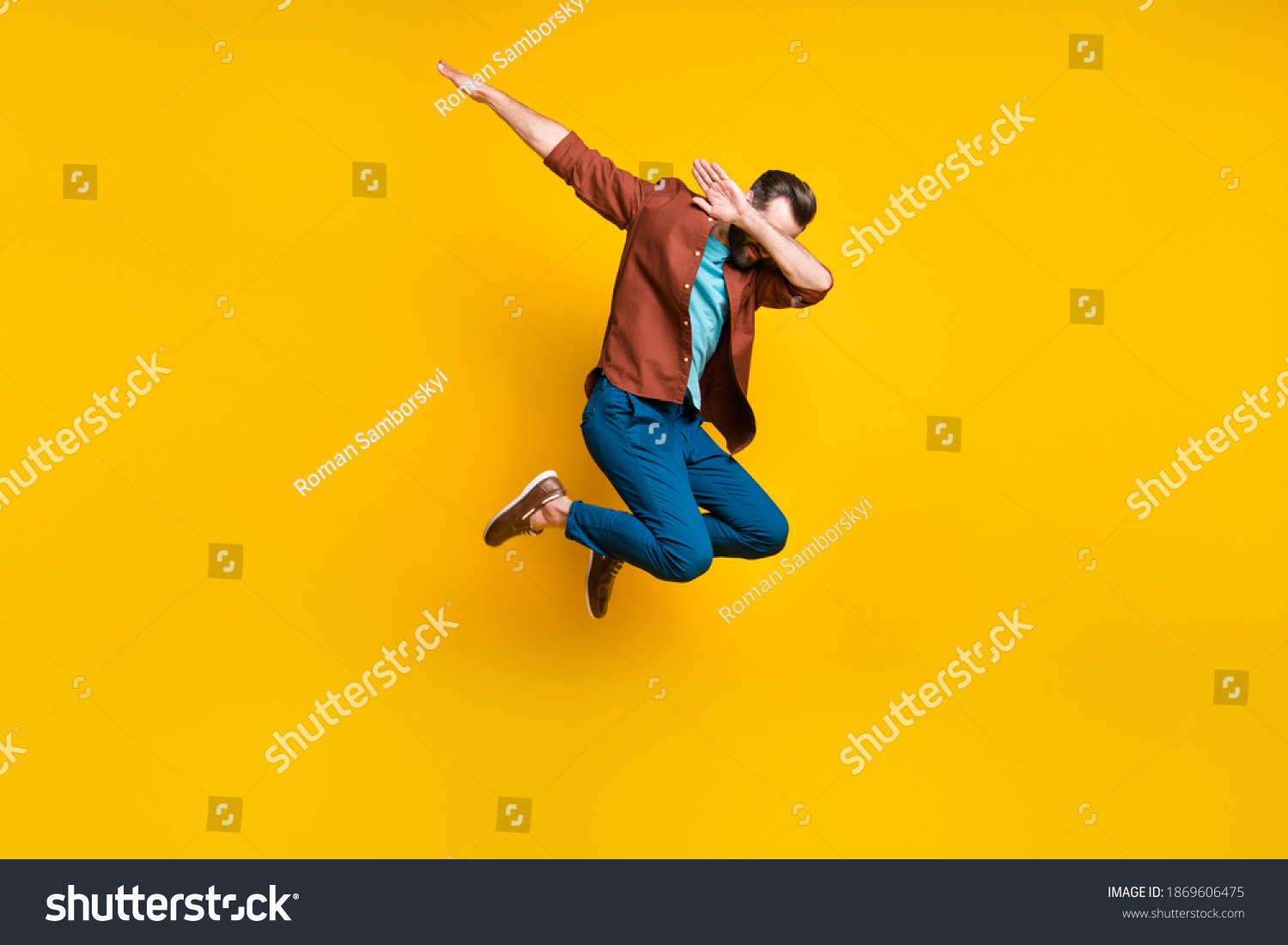 Full length body size photo of male student showing hype dab sign jumping isolated on vivid yellow color background #1869606475