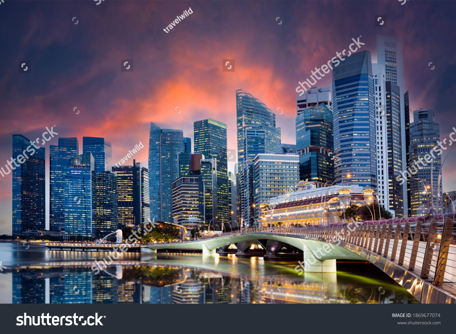 Stunning view of the Singapore’s skyline illuminated at sunset during the Covid-19 pandemic. Singapore is a sovereign island city-state in maritime Southeast Asia. #1869677074