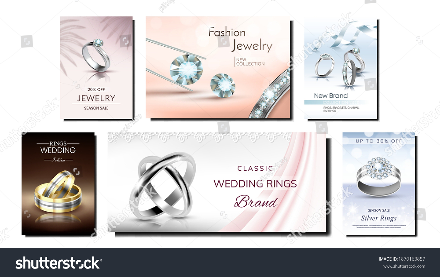 Jewelry Creative Promotional Posters Set Vector. Fashion Jewelry Golden And Silver Rings And Gemstones, Diamond And Brilliants On Advertising Banners. Style Concept Template Illustrations #1870163857