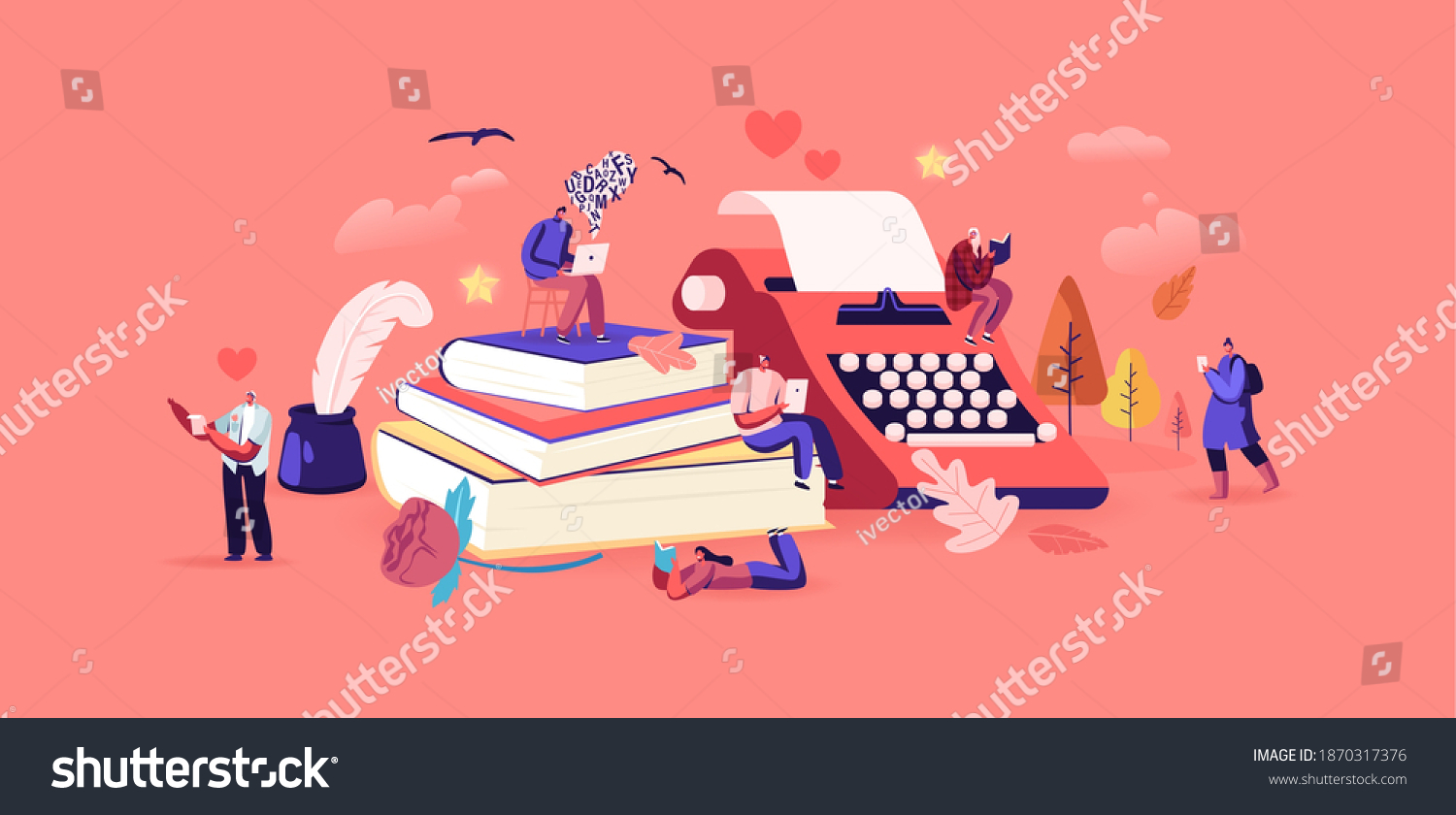 People Enjoying Reading Literature and Writing Poetry or Prose Concept. Tiny Characters at Huge Books Read Classic Verses, Poems. Ink Feather Usage, Romantic Mood. Cartoon People Vector Illustration #1870317376