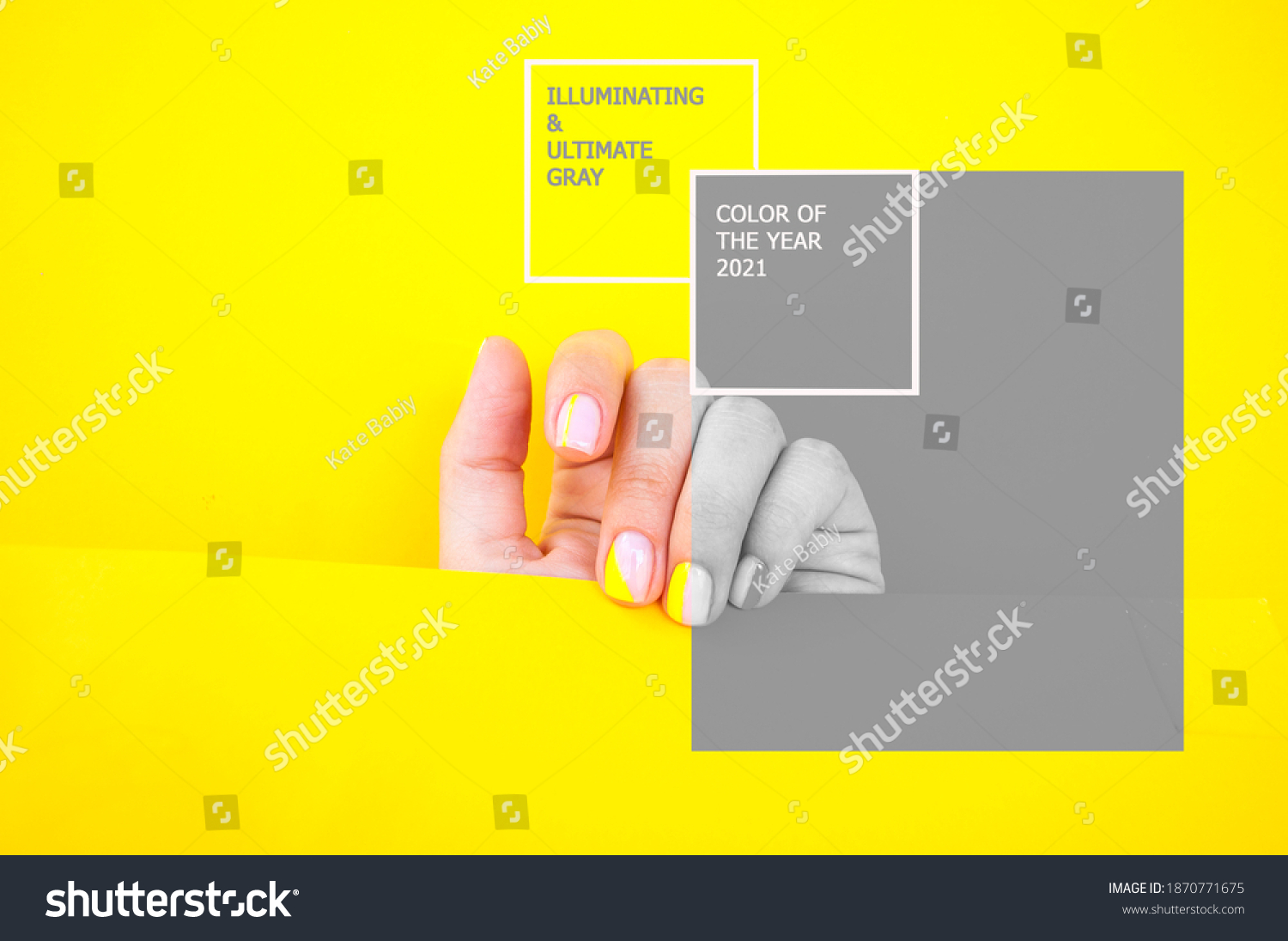 Young woman's hand with beautiful manicure on illuminating yellow and gray color background holding bright yellow paper. Color 2021. #1870771675