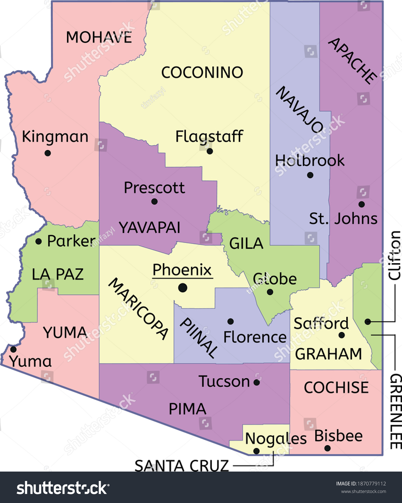 Detailed Map of Arizona counties with seats - Royalty Free Stock Vector