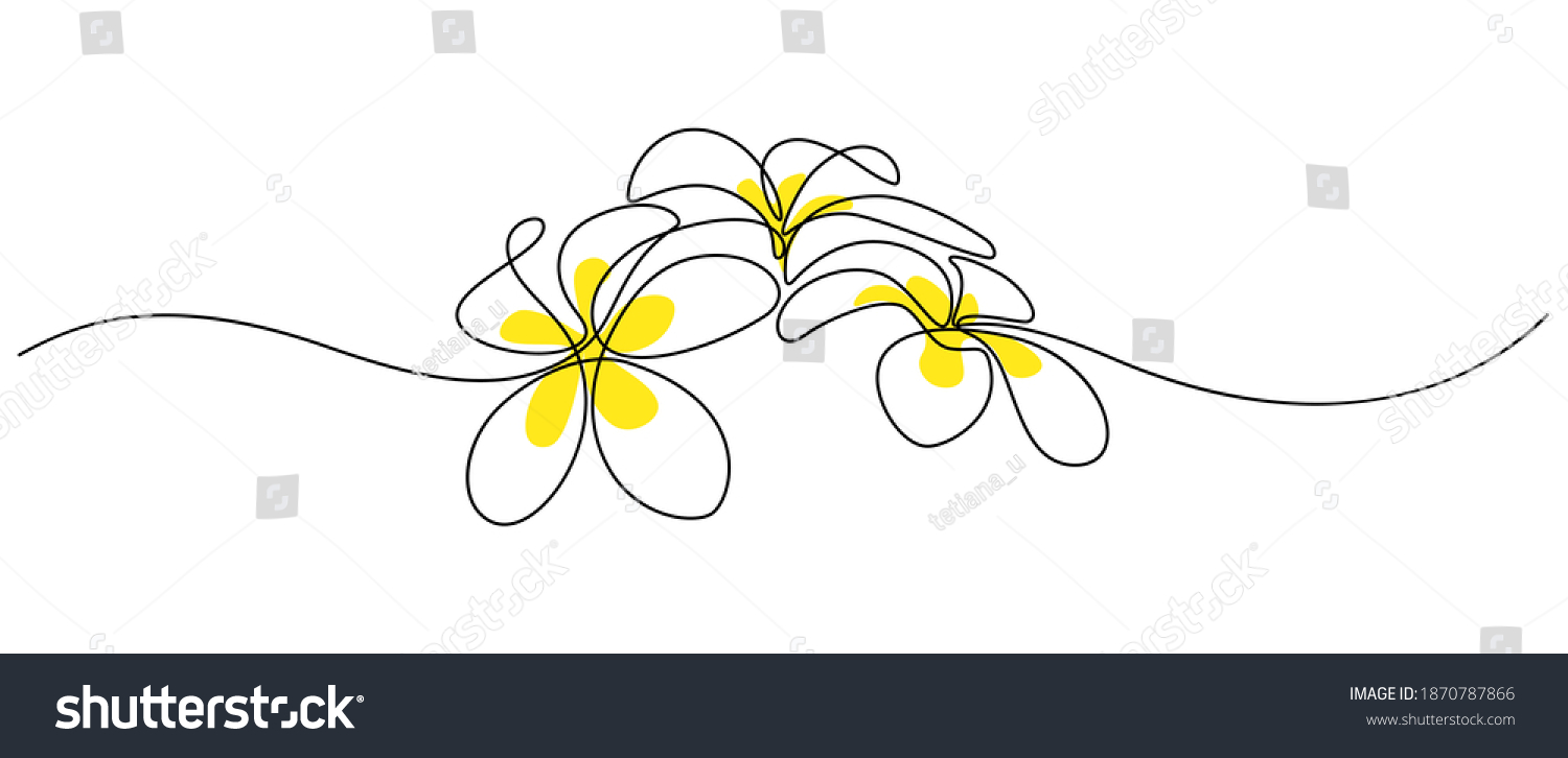 Plumeria flowers in continuous line art drawing style. Group of fragrant tropical plumeria (frangipani, jasmine) flowers. Minimalist black linear sketch on white background. Vector illustration #1870787866