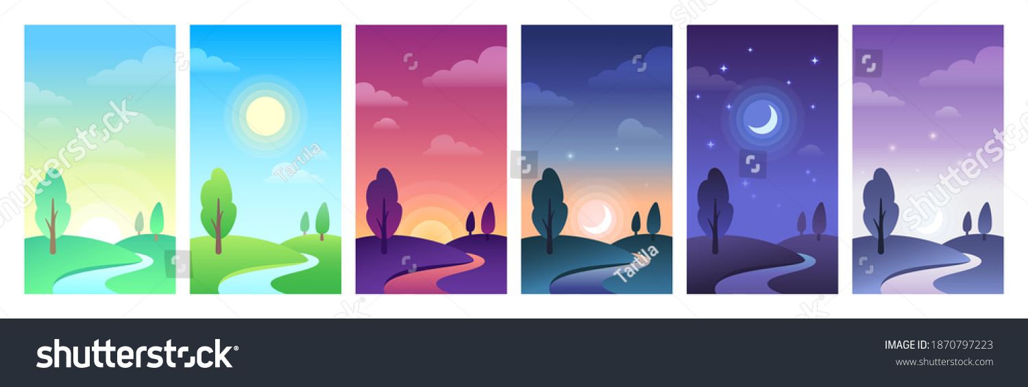 Countryside landscape in different parts of day time. Sky and field daytime circle as sunrise, morning or noon, sunset and night. Hills with tree, moon with stars and sun set vector illustration #1870797223