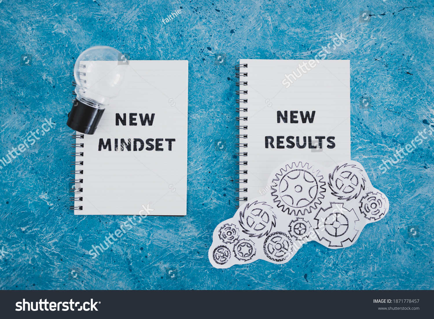 law of attraction conceptual image, notepad with New Mindset New Results text with light bulb and gearwheel mechanism #1871778457