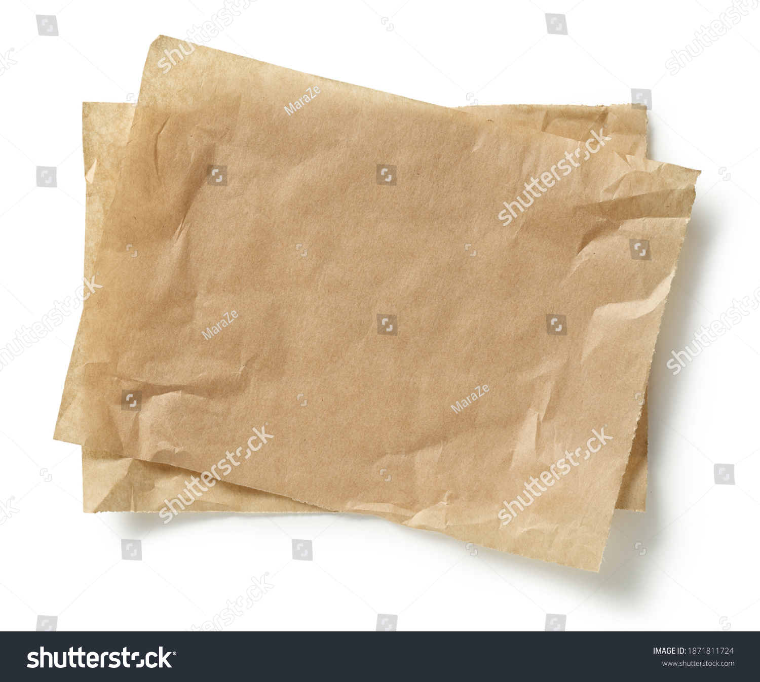 crumpled brown baking paper sheets isolated on white background, top view #1871811724