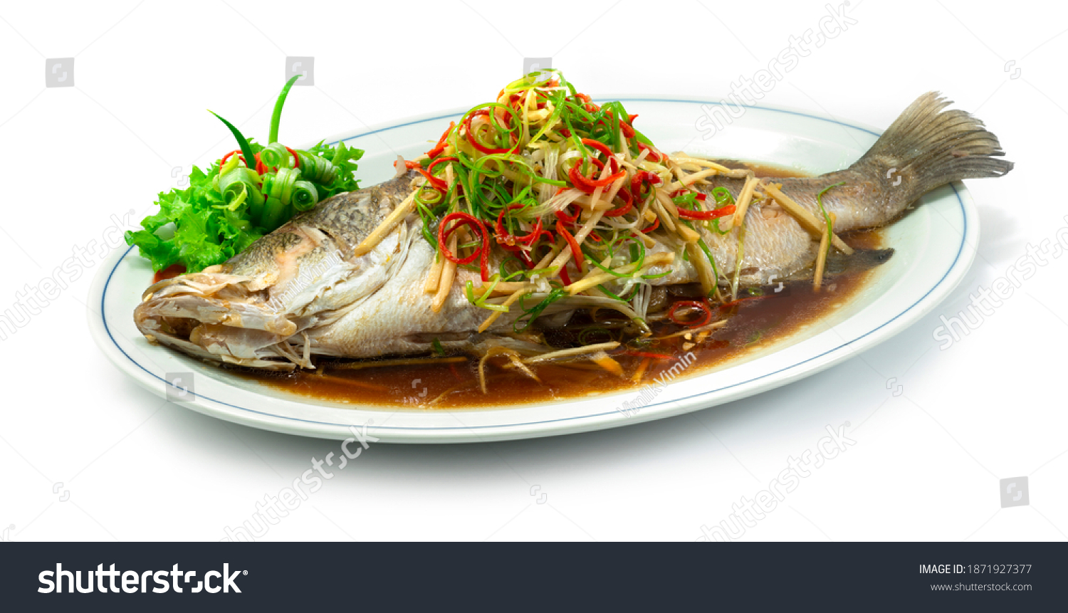 Steamed Sea bass Snapper Fish with Soy Sauce Chinese food style sideview #1871927377