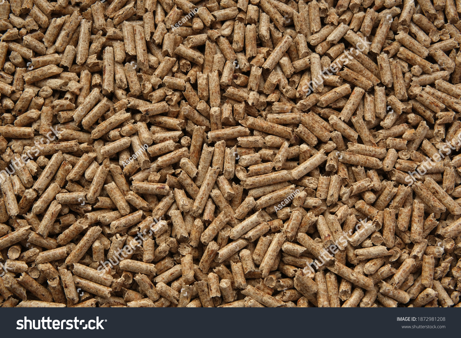 Wood pellets texture. Pellets made from compressed wood and used as natural cat litter. Eco-friendly and biodegradable material. Flat lay image. #1872981208