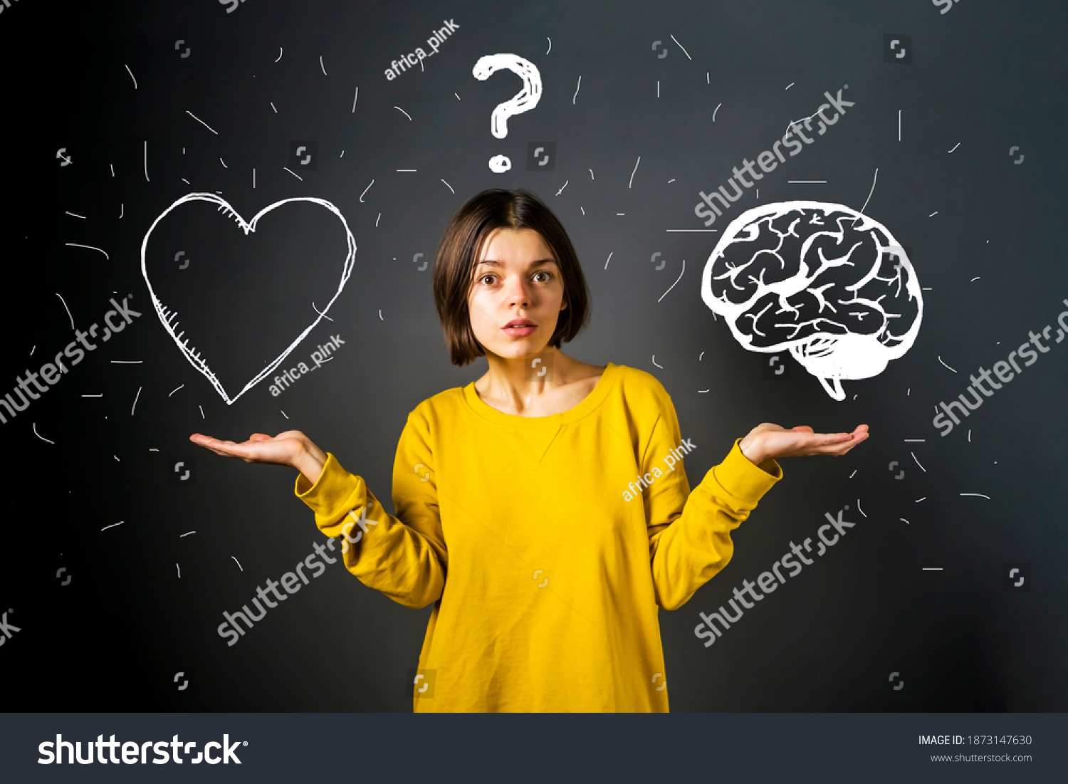 Brain or heart? A young girl is puzzled by the choice between a rational logical decision and an irrational emotional one. #1873147630