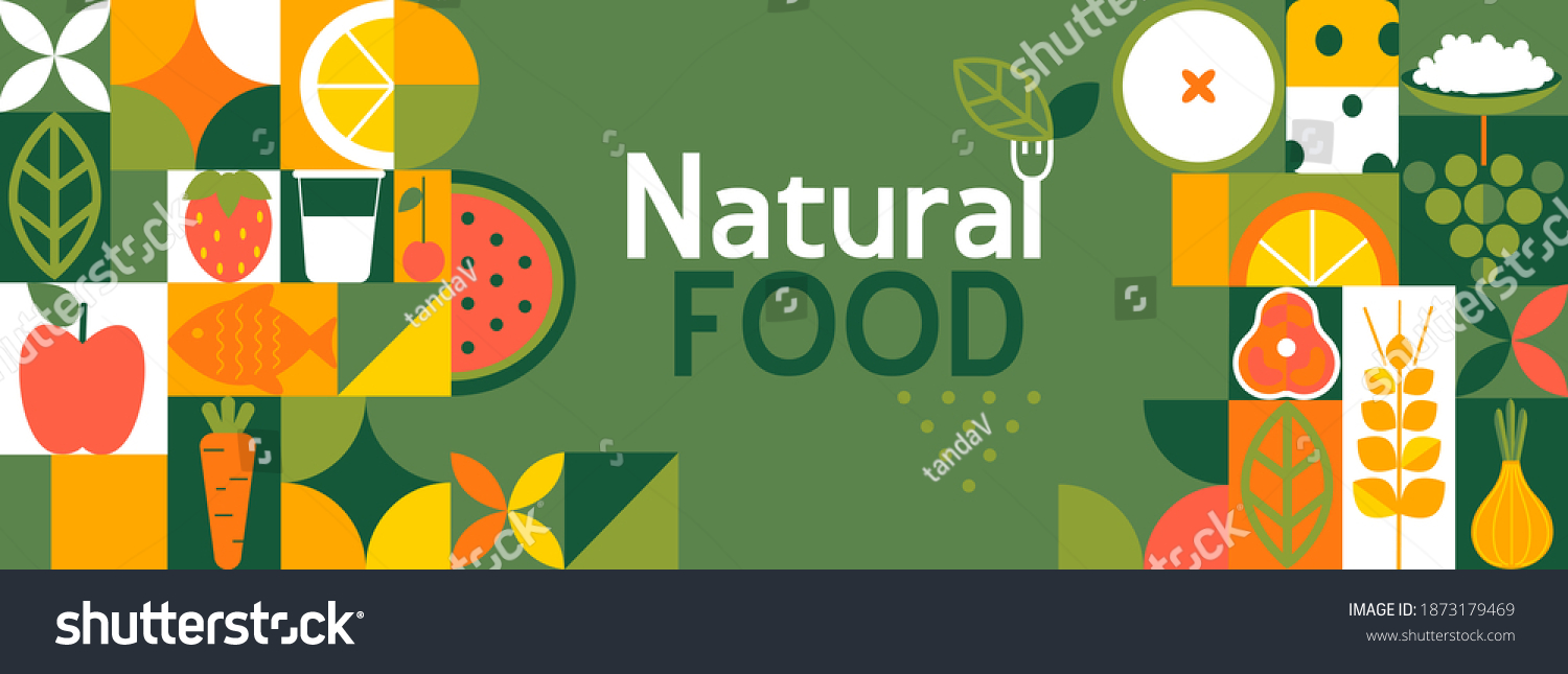 Natural food banner in flat style. Fruits and vegetables in simple geometric shapes.Great for flyer, web poster, natural products presentation templates, cover design. Vector illustration. #1873179469