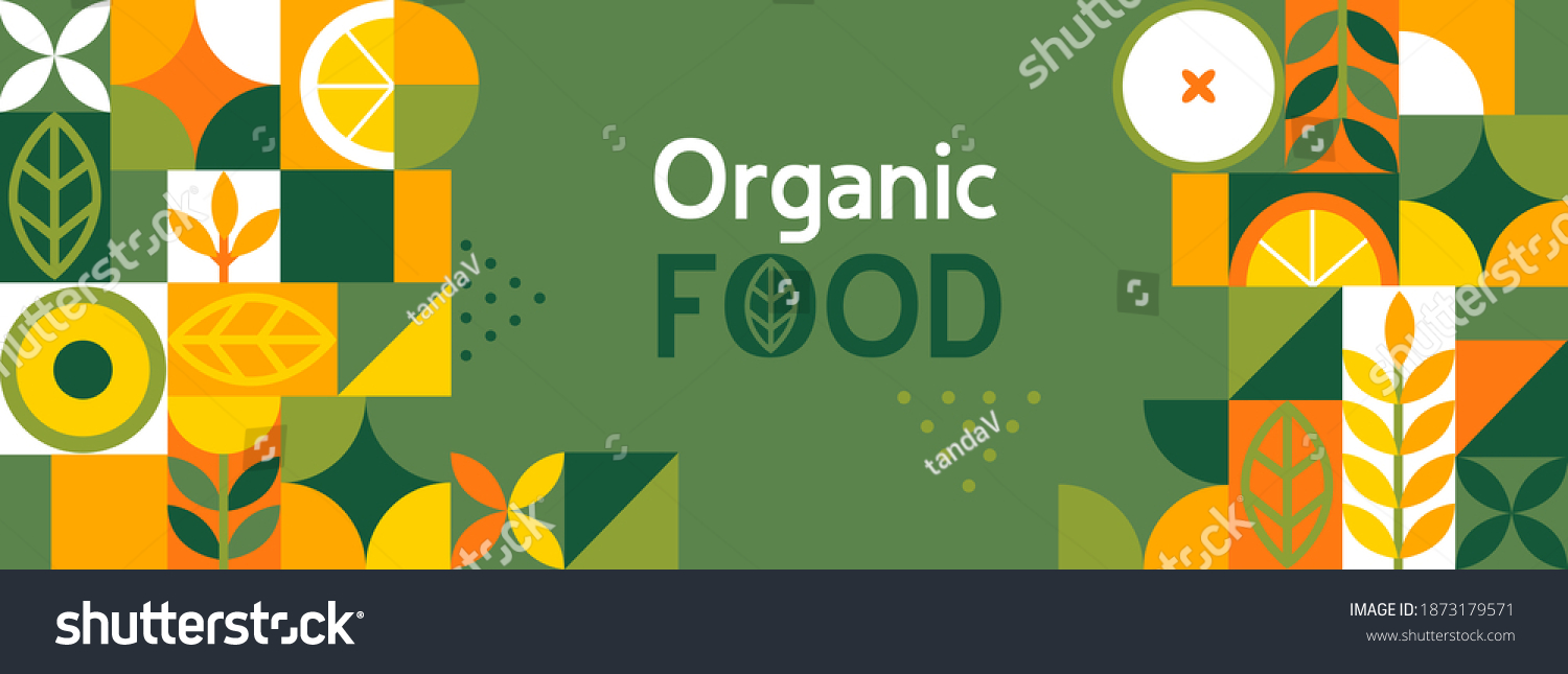 Organic food banner in flat style. Fruits and cereals geometry minimalistic with simple shape and figure.Great for flyer, web poster, natural products presentation templates, cover design. Vector . #1873179571