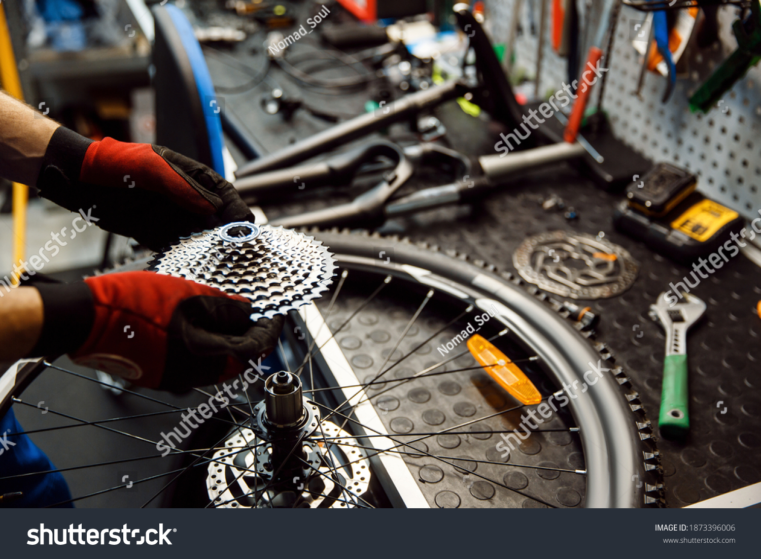 Bicycle repair in workshop, man installs cassette #1873396006