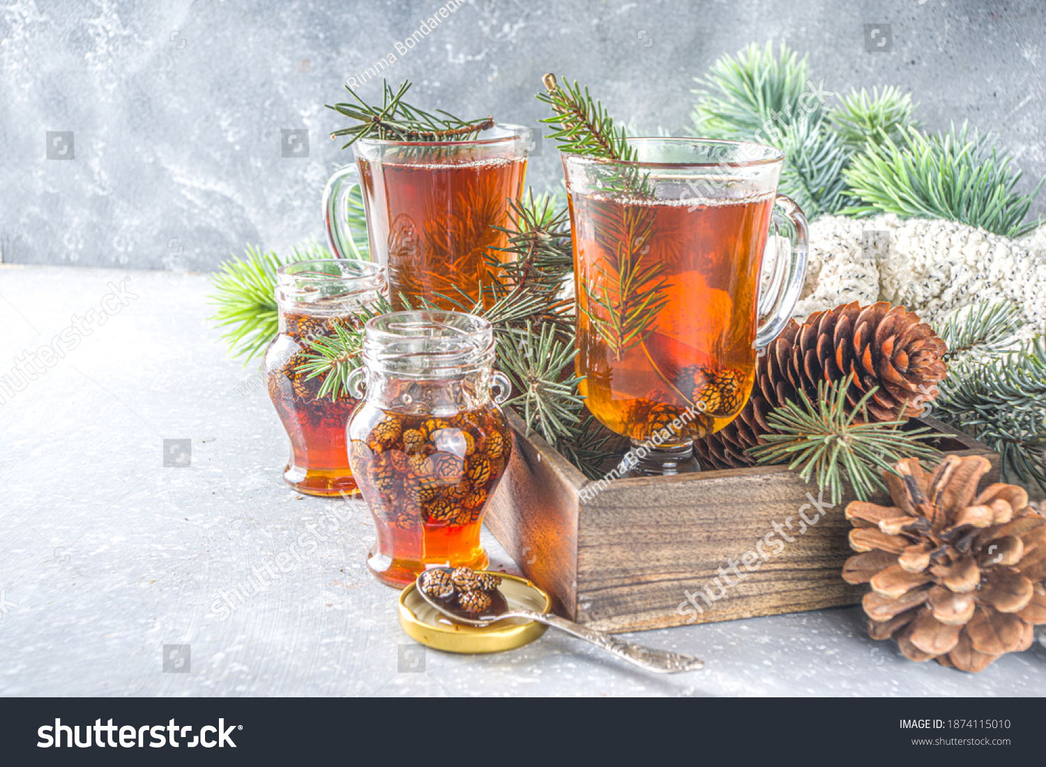 Pine Cone tea, aromatic organic winter hot tea drink with pine branch and pine cone jam, sweet and healthy winter drink concept #1874115010