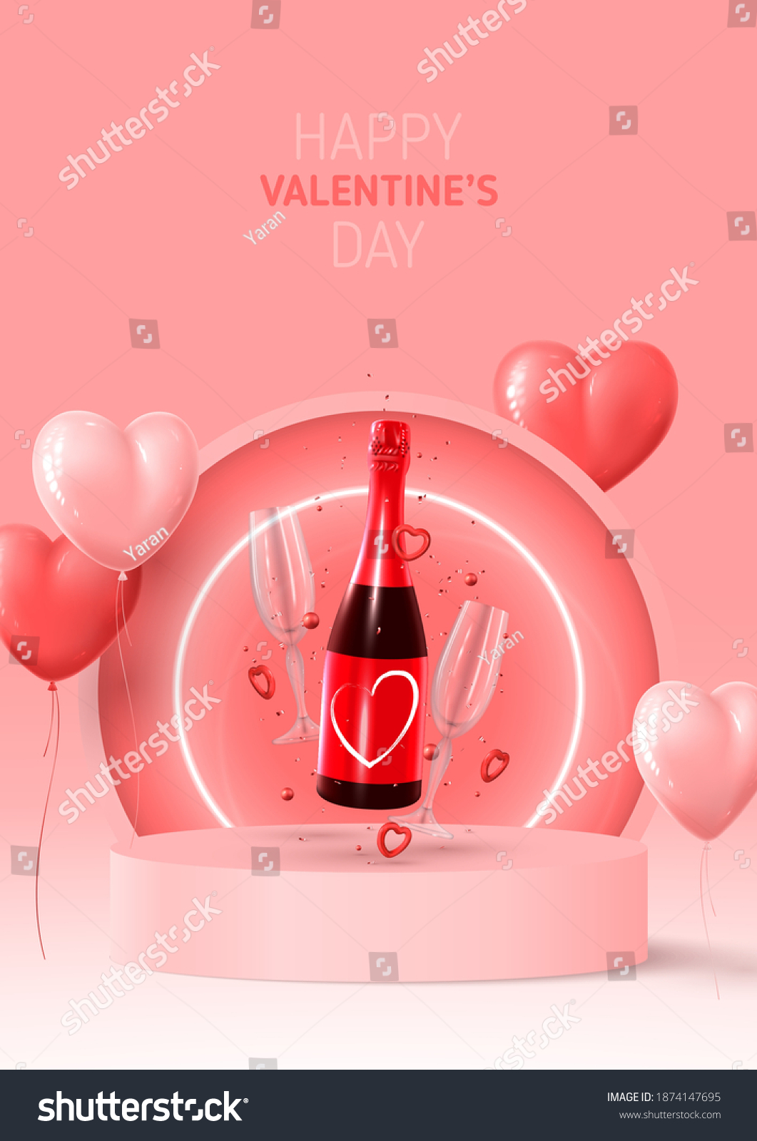 Happy Valentine's Day poster. Holiday background with red and pink ballon, neon circle, round stage, realistic champagne bottle, glasses and confetti. Vector illustration with 3d rednder object. #1874147695