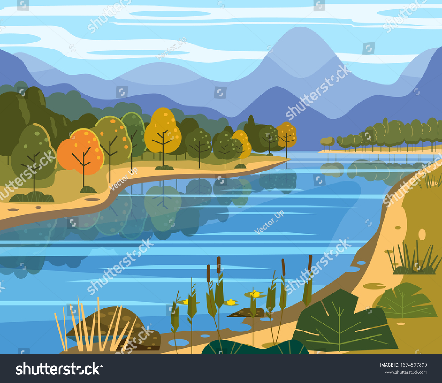 Landscape river flowing to mountains, hills. Coast autumn scenic forest, meadows. Vector illustration background poster banner trendy flat cartoon style