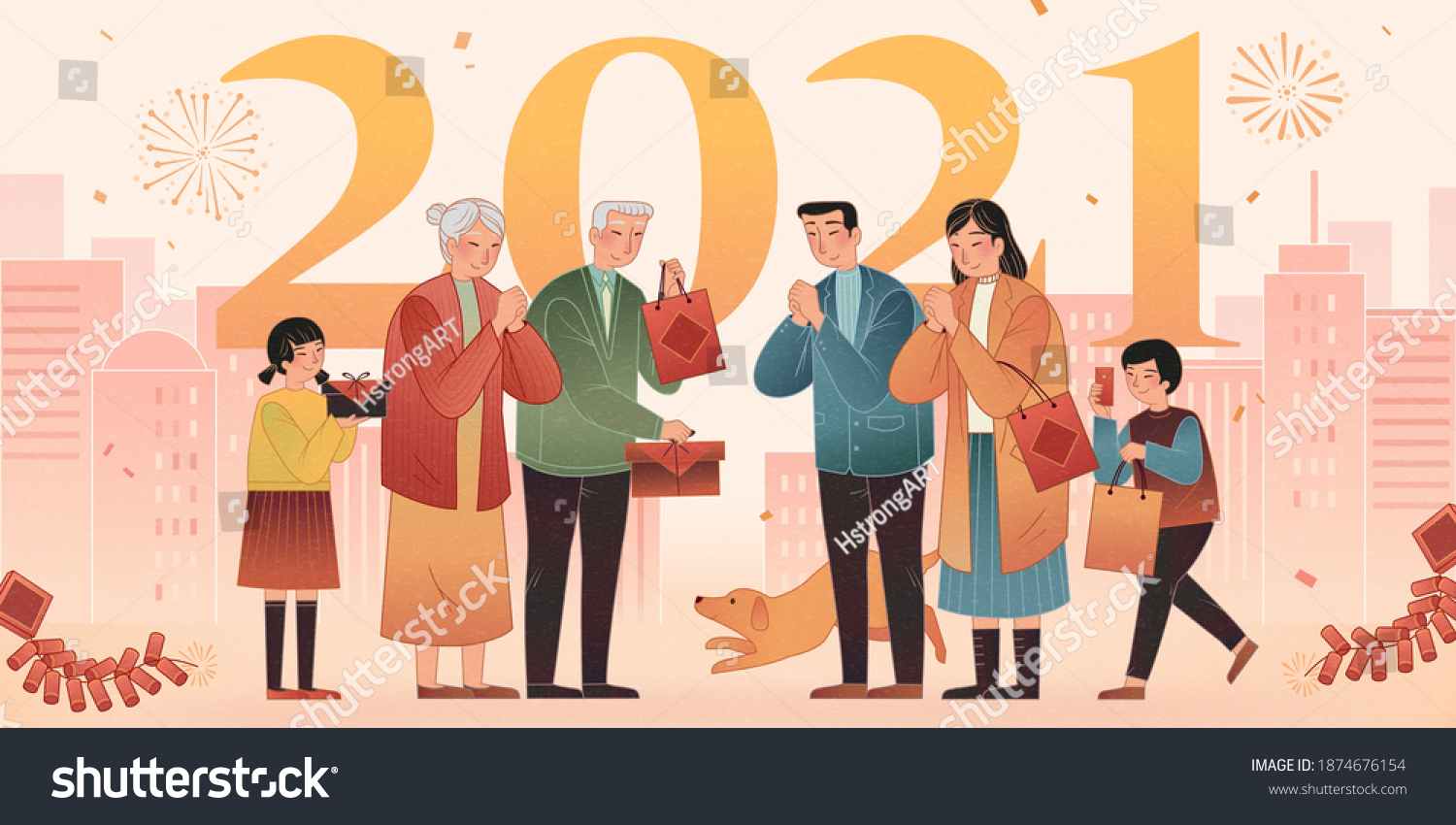 2021 Celebration banner. Asian family making greeting gestures on city silhouette background. #1874676154