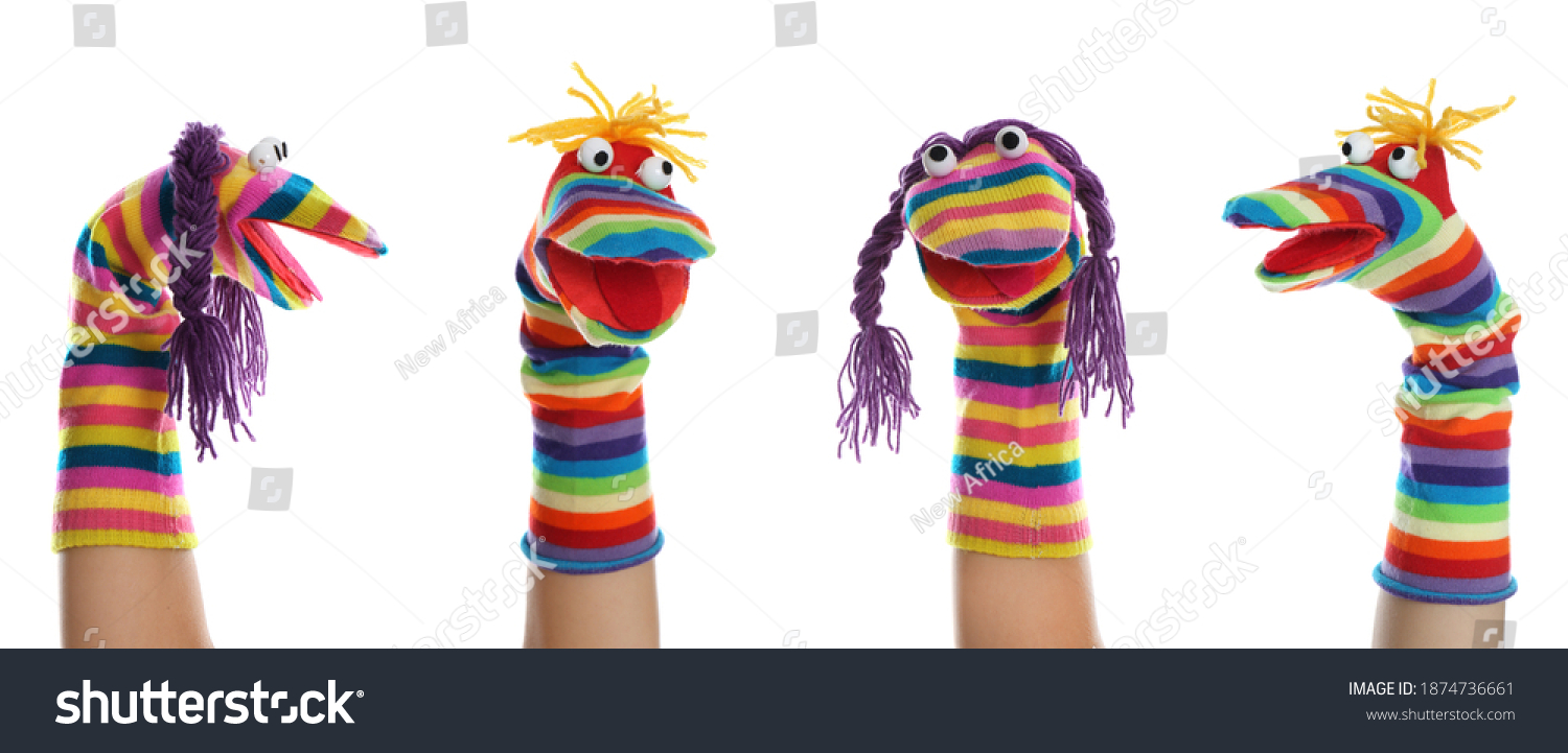 Collage with photos of different puppets for show on hands against white background, banner design #1874736661