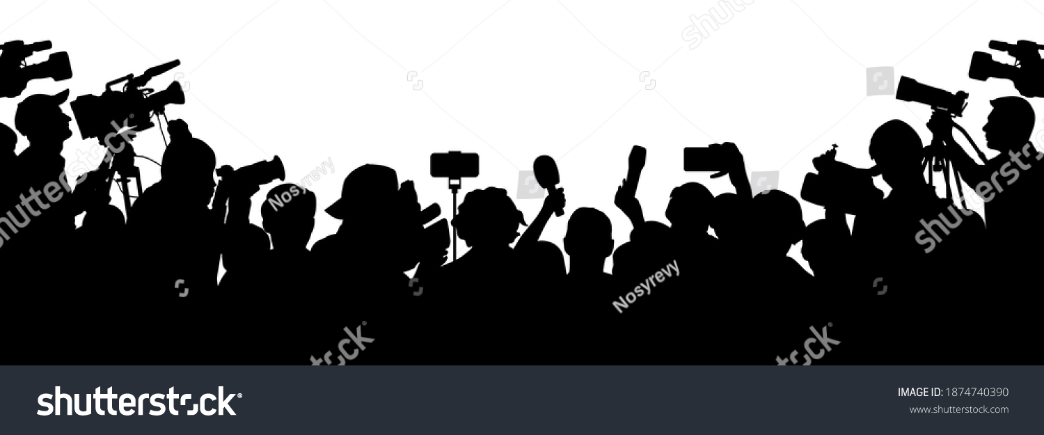 Journalists are interviewing. Press Conference of Reporters. Crowd of people with video cameras. Silhouette vector #1874740390