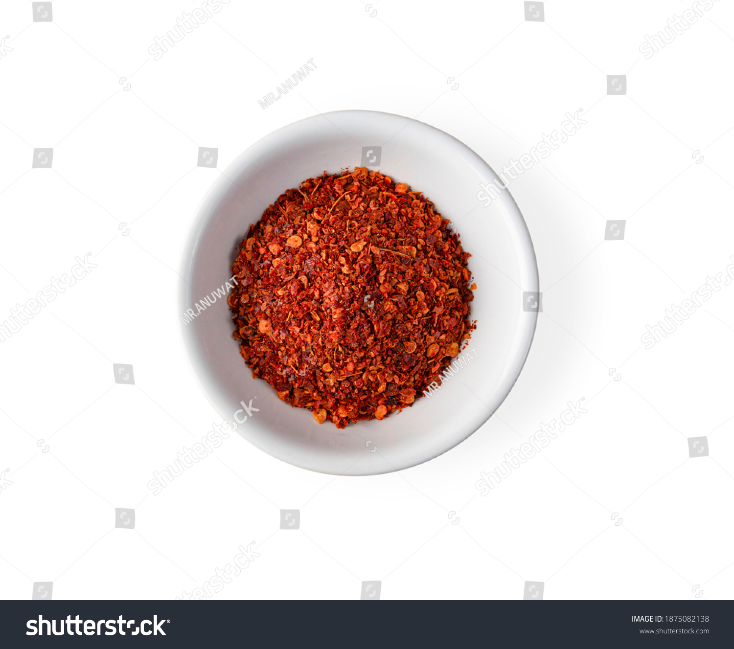 Cayenne pepper in a cup isolated on white background. Top view #1875082138