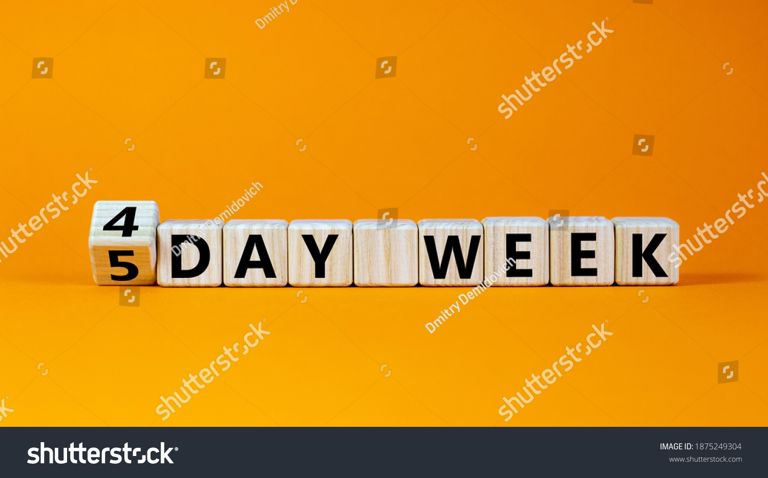4 or 5 workday symbol. Turned the cube and changed words '5 day week' to '4 day week'. Beautiful orange background. Copy space. Business and 4 or 5 day week concept. #1875249304