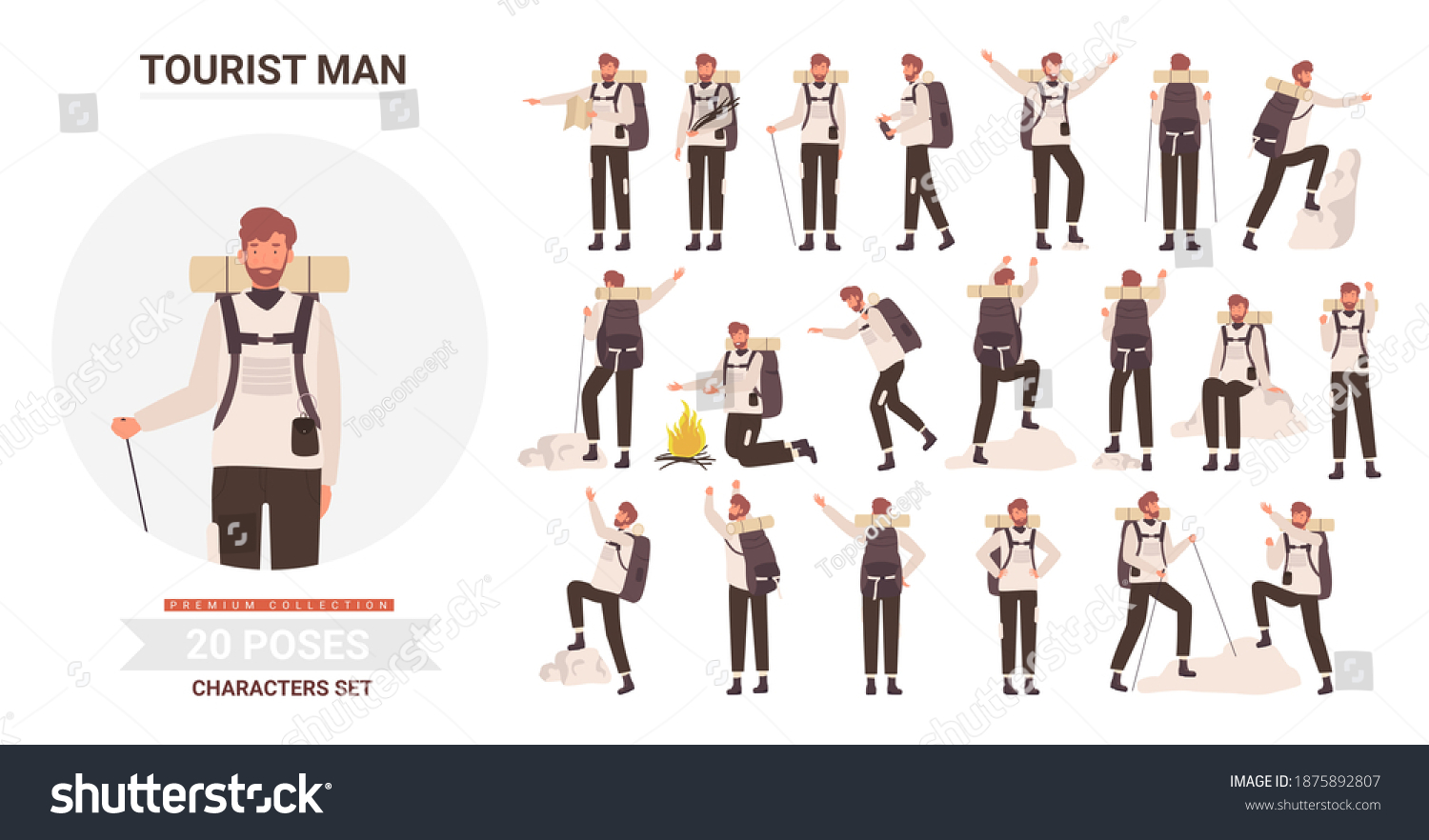 Man tourist traveler adventure poses vector illustration set. Cartoon bearded young male hiker character with backpack posing in tourism activity, traveling, hiking and climbing isolated on white #1875892807