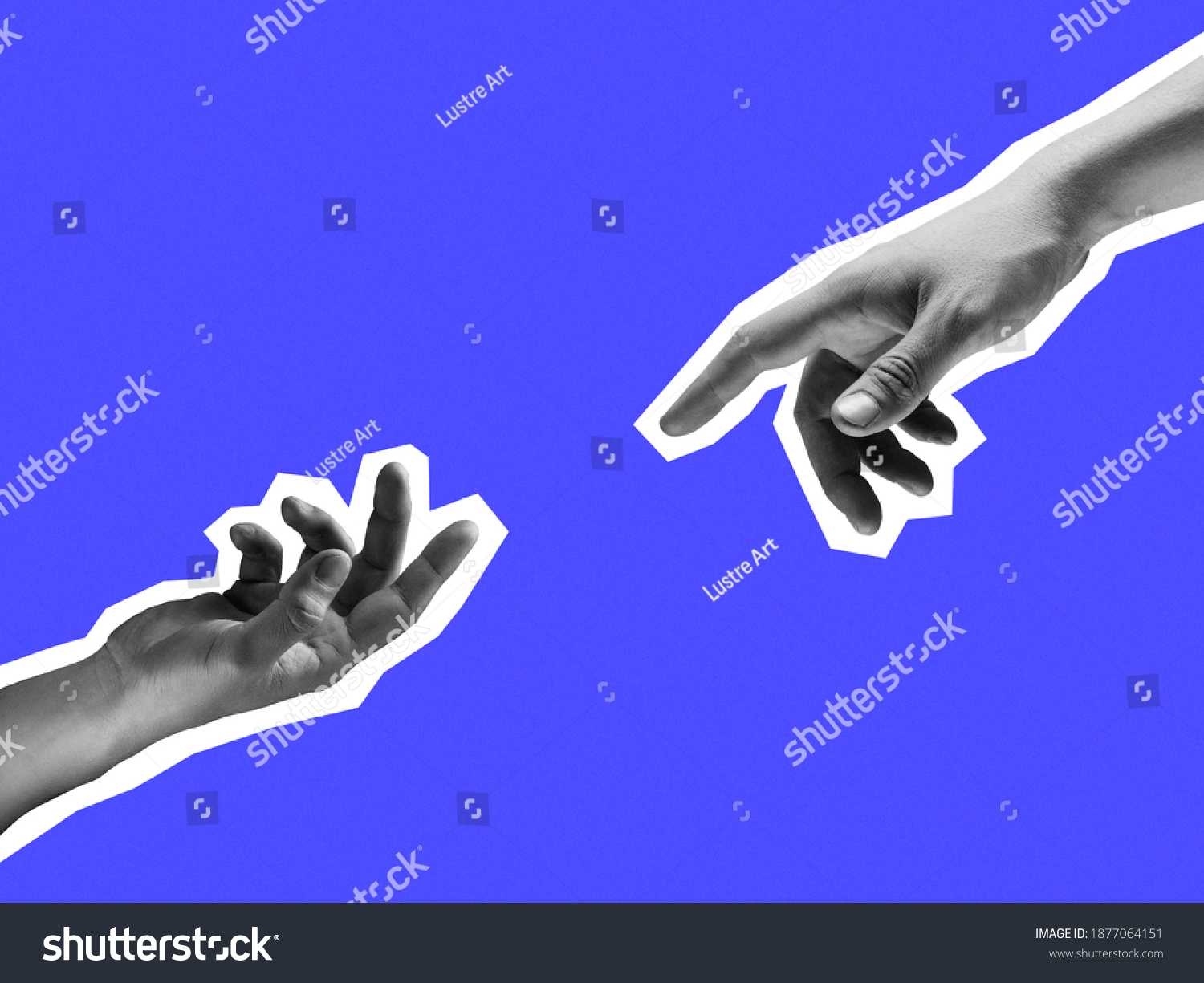 Two hands reaching out towards each other isolated on purple background. #1877064151