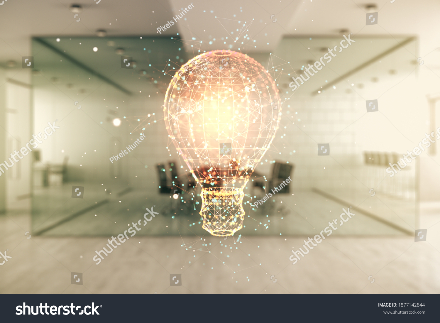 Abstract virtual light bulb hologram on a modern furnished office interior background, idea concept. Multiexposure #1877142844