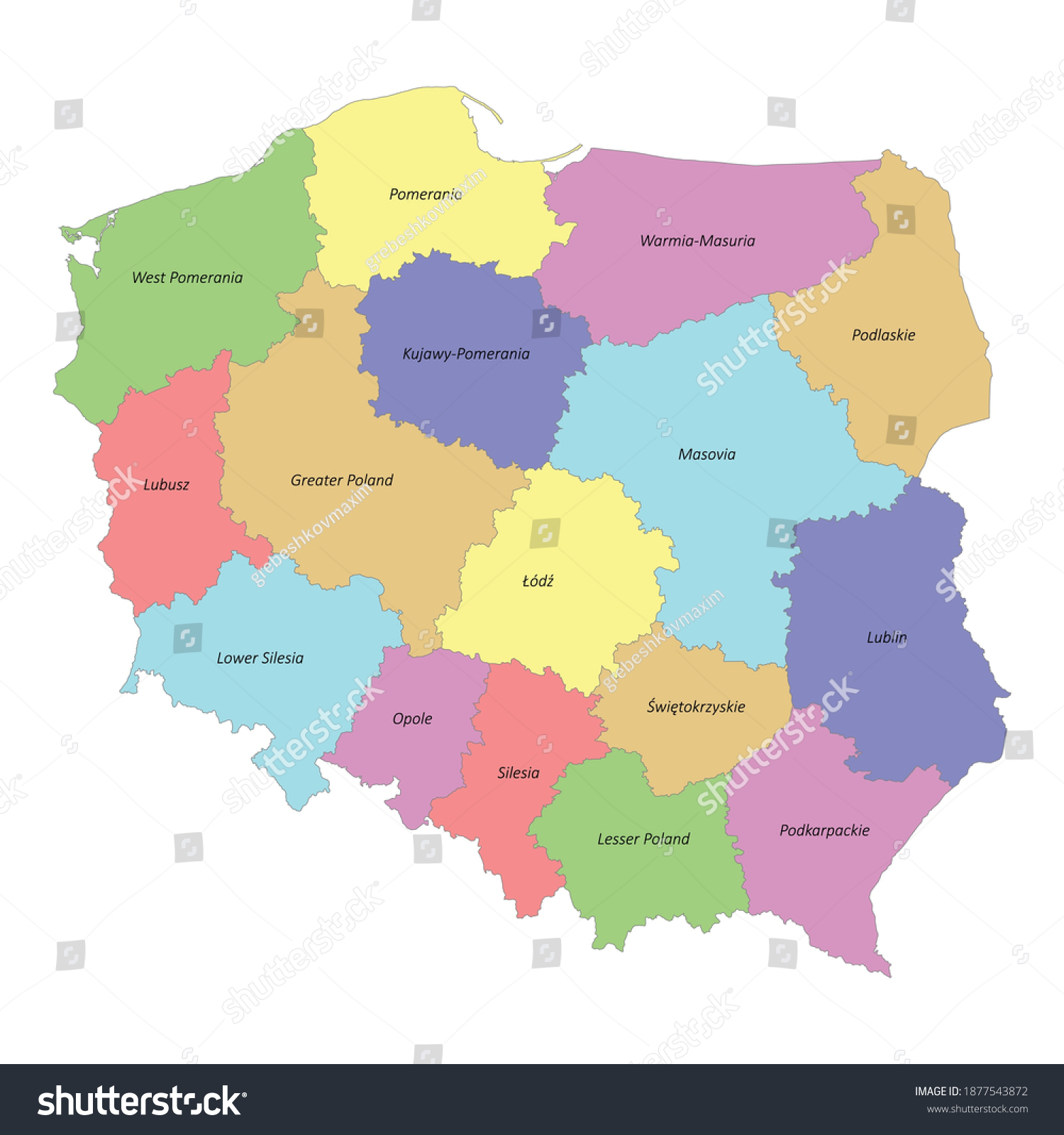 High quality colorful labeled map of Poland with - Royalty Free Stock ...