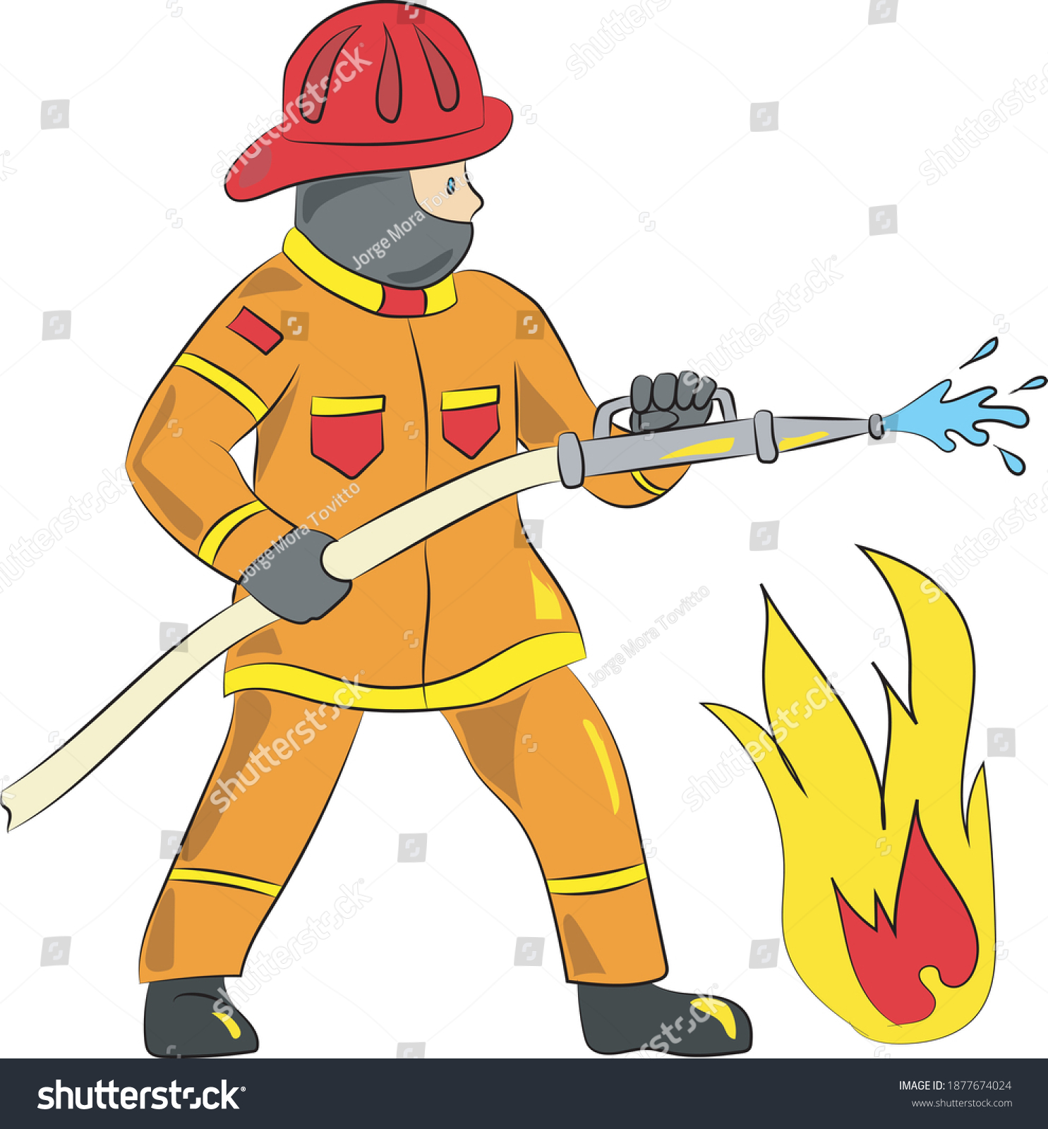 fireman with orange uniform and hose - Royalty Free Stock Vector ...