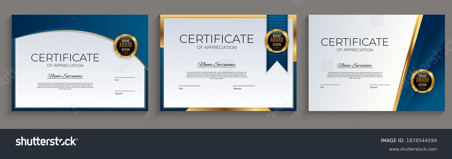 Blue and gold Certificate of achievement template set with gold badge and border. Award diploma design blank. Vector Illustration #1878544594